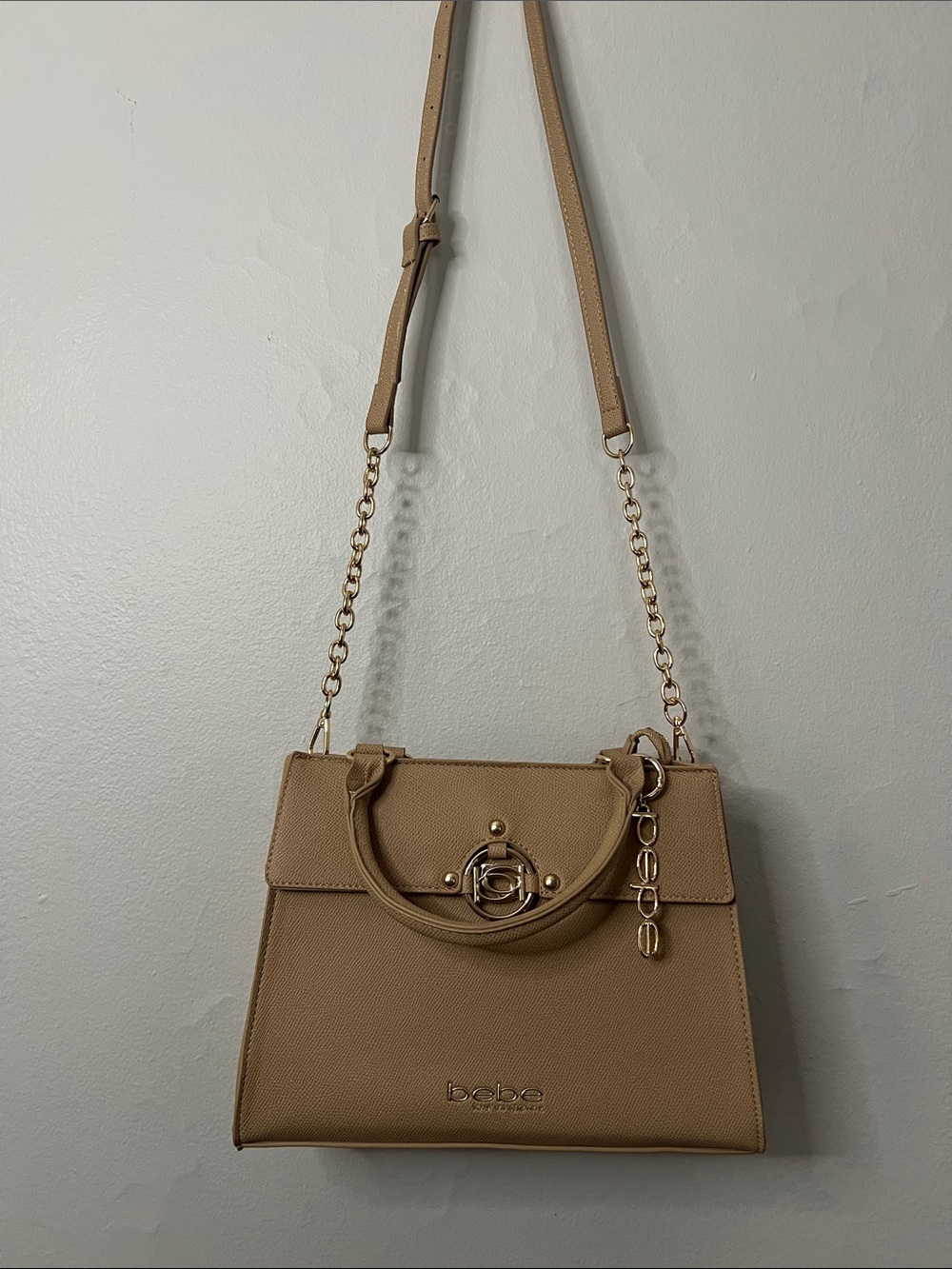 NWTS bebe Tan Structured Top-Handle Satchel with Chain Strap